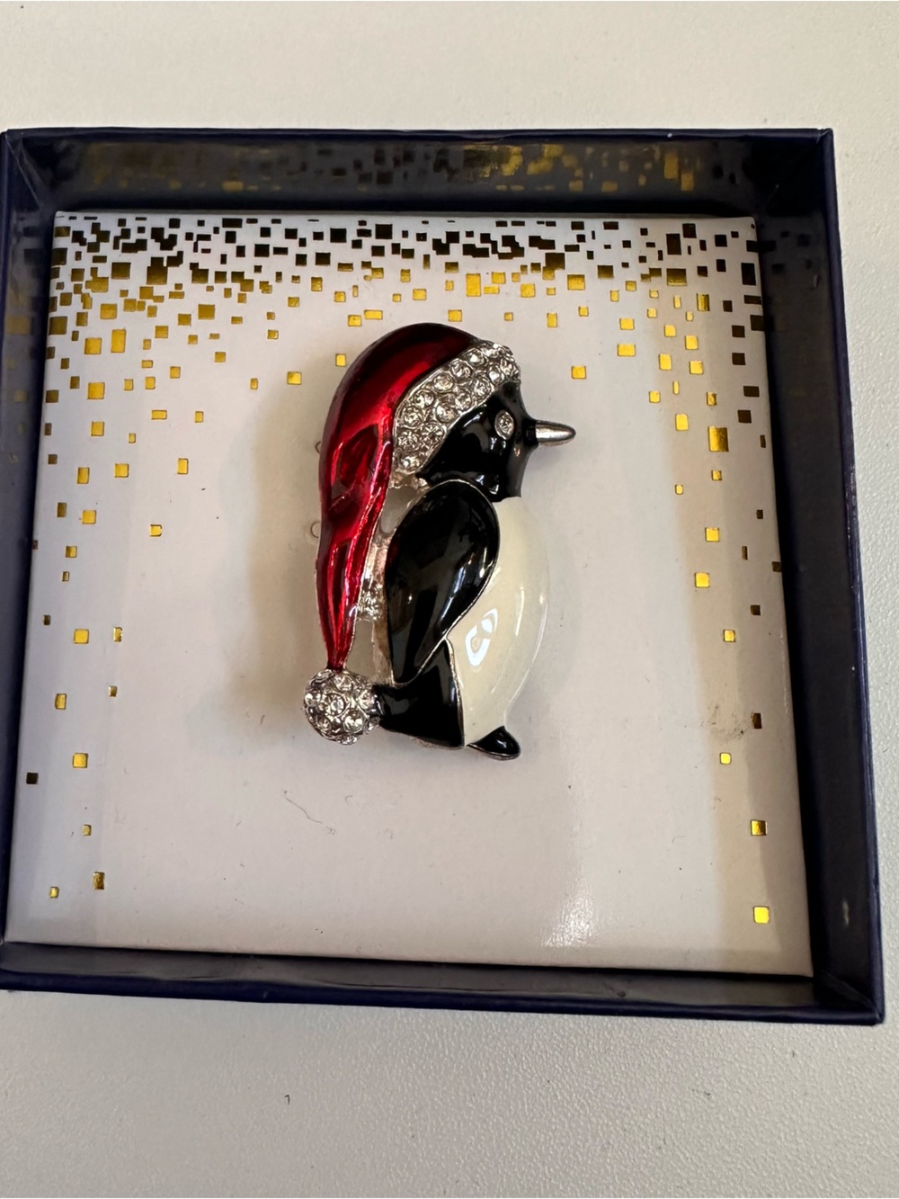 Holiday Penguin Brooch in Red, Black & Cream with Rhinestones